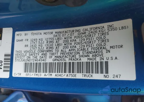2007 Toyota Tacoma Prerunner V6 z USA, uszkodzony, nr VIN 5TEJU62N07Z464940
